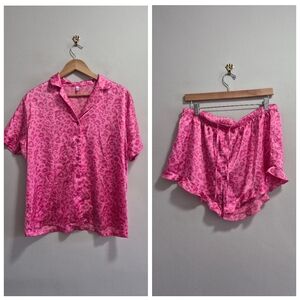 Ekouaer NWOT Hot Pink Animal Print Pajama Set Button Down and Ruffle Shorts XL